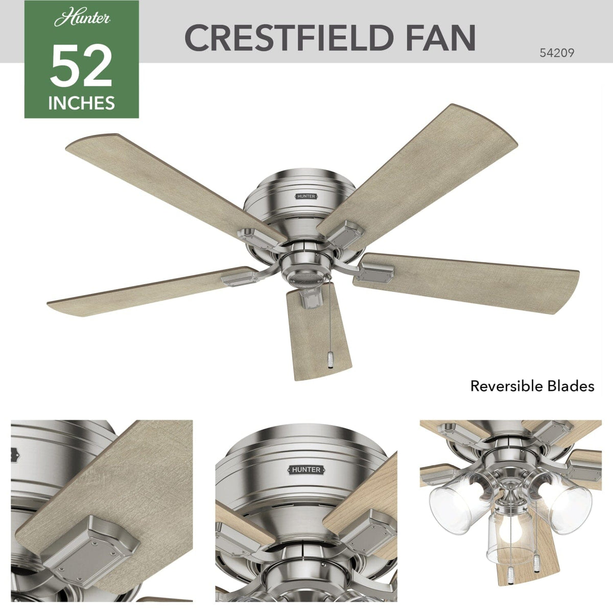 Crestfield Low Profile with 3 LED Lights 52 inch