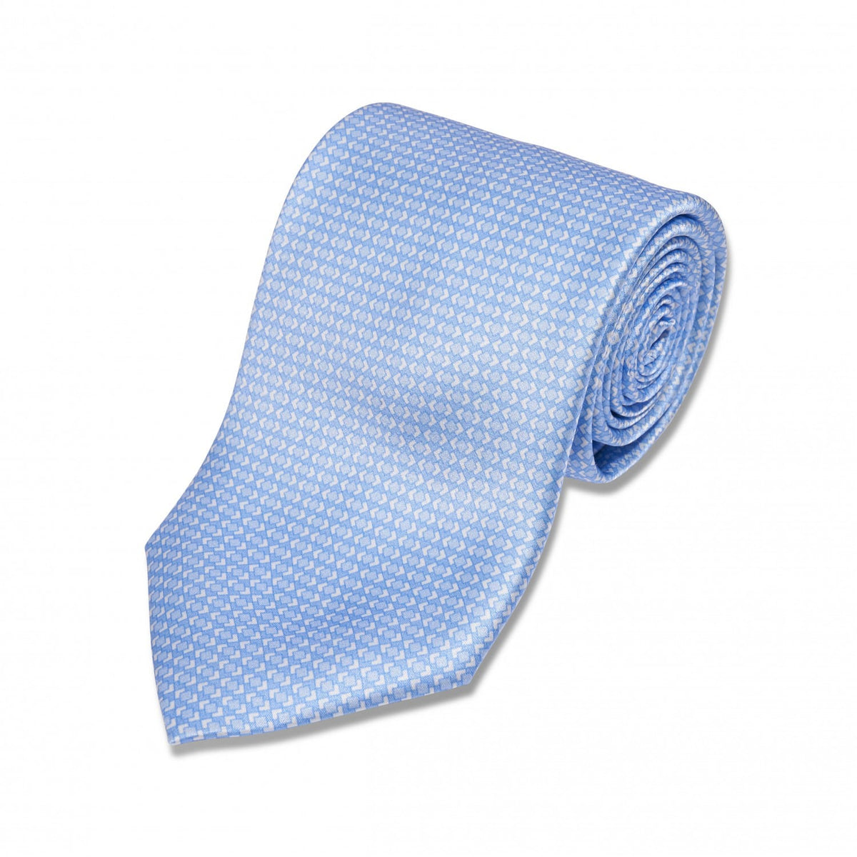 Light Blue with White Geometric Print Silk Necktie - custom suits nyc bespoke tailor midtown, noho