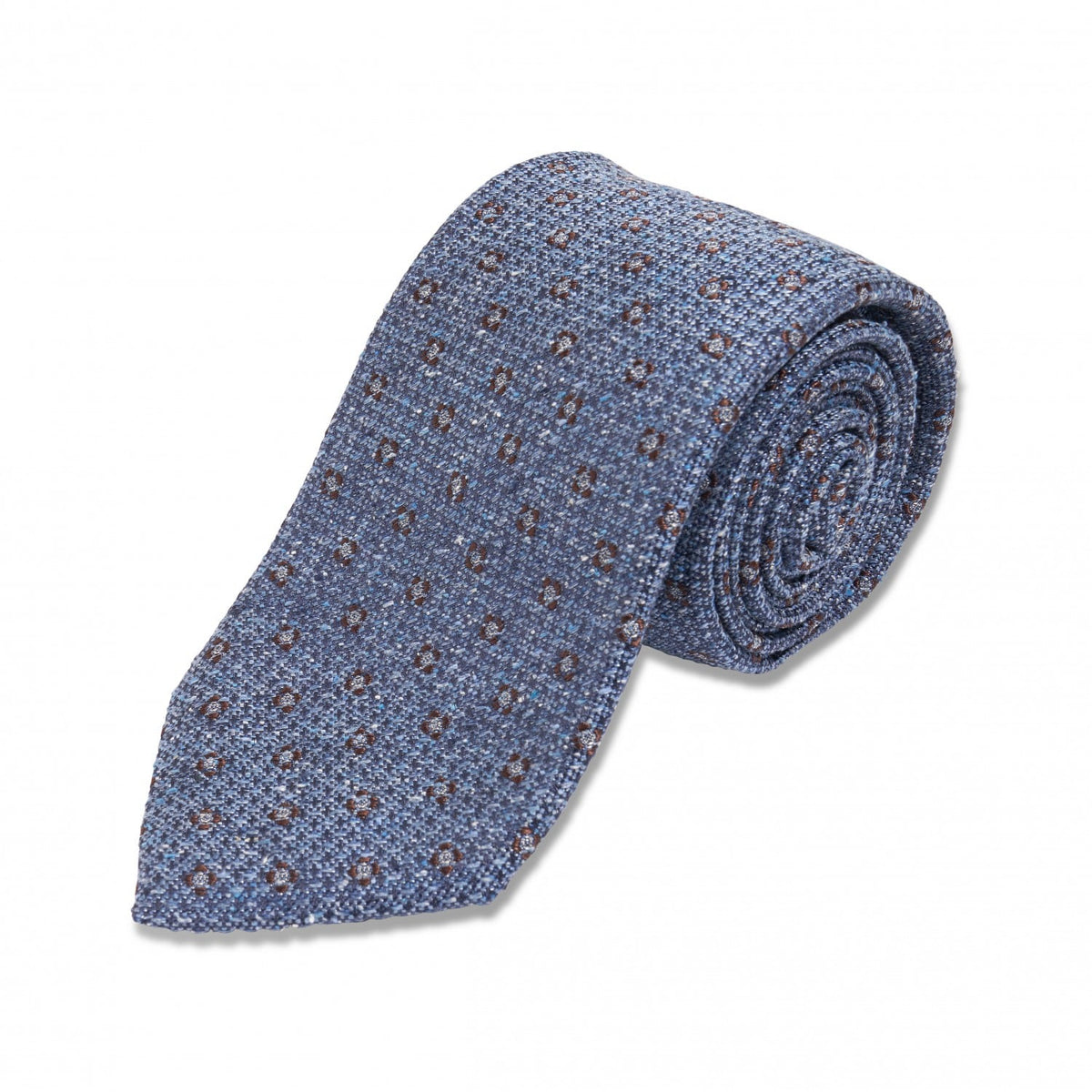 (product) Light Blue with Brown Medallion Silk Necktie, Rolled view - custom suits nyc bespoke tailor midtown, noho