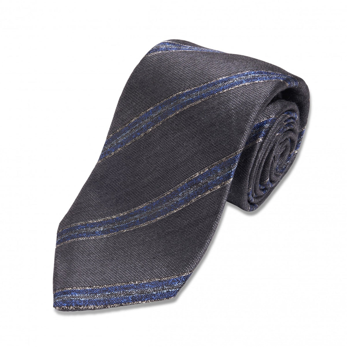 (product) Grey with Blue Stripe Silk/Wool Necktie, Rolled view - custom suits nyc bespoke tailor midtown, noho