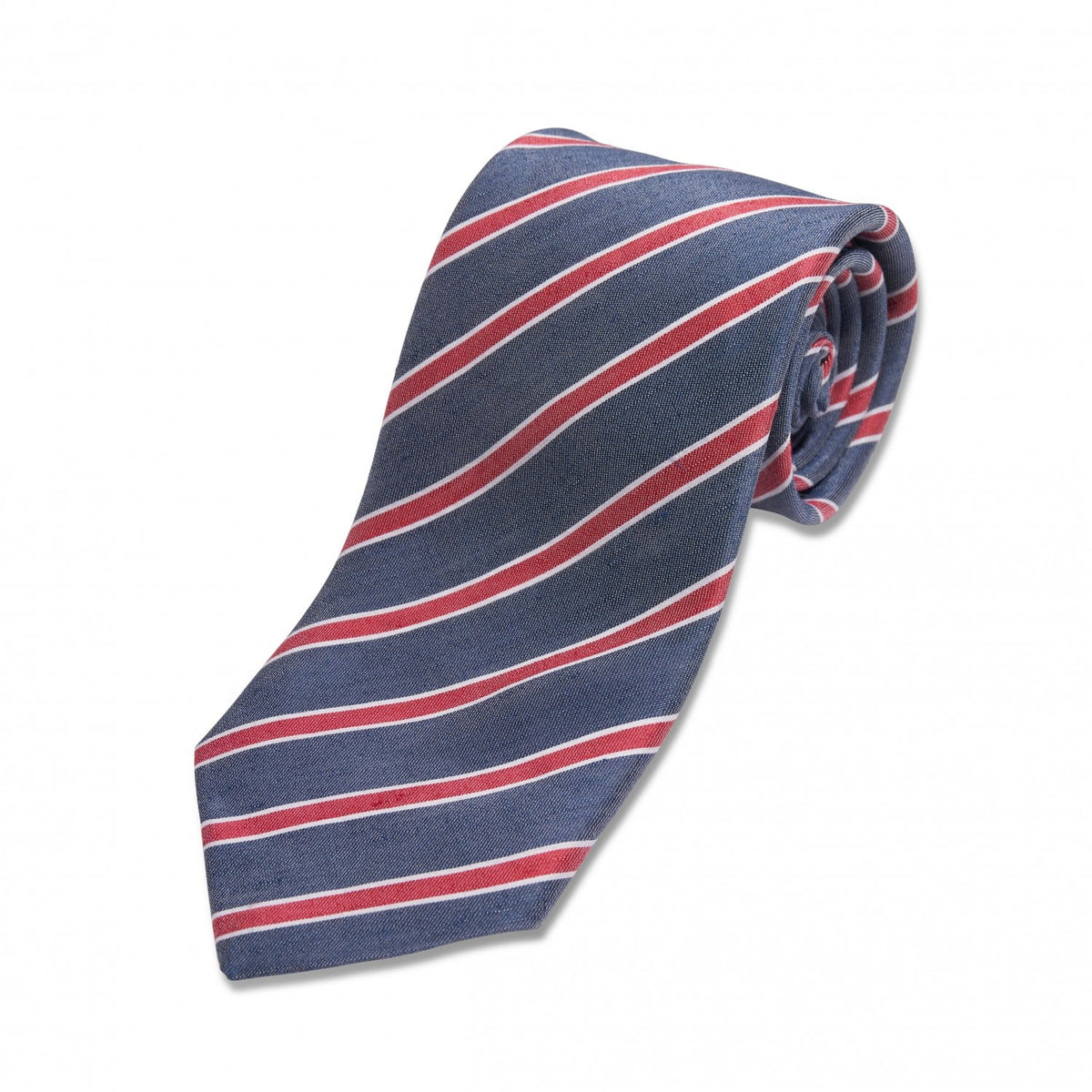 (product) Blue with Red & White Stripe Linen/Silk Necktie, Rolled - custom suits nyc bespoke tailor midtown, noho
