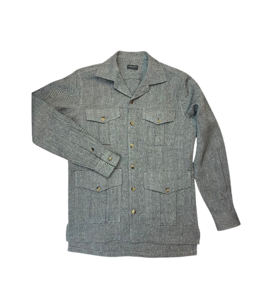 Black and White Herringbone Linen Safari Shirt Jacket - custom suits nyc bespoke tailor midtown, noho