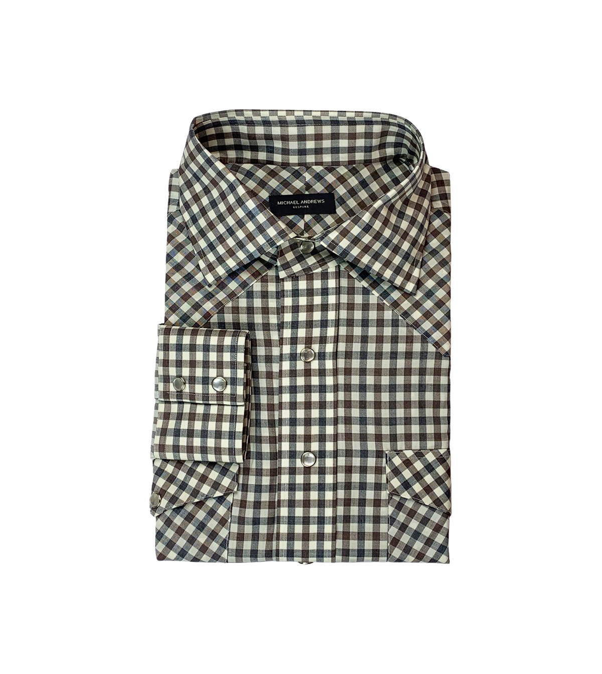 Custom Grey and Brown Gingham Merino Wool Western Shirt - custom suits nyc bespoke tailor midtown, noho