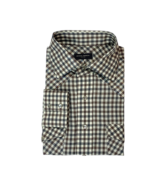 Custom Grey and Brown Gingham Merino Wool Western Shirt - custom suits nyc bespoke tailor midtown, noho