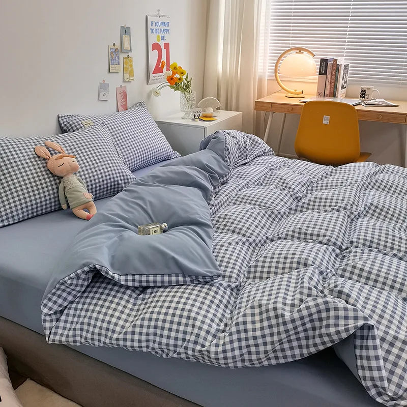 Afralia™ Simple Striped Check Cotton Bedding Sets for Queen King Size
