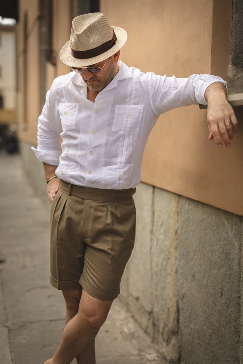 Summer outfit featuring a white camp shirt and tailored Solaro shorts, custom made by Michael Andrews Bespoke - custom suits nyc bespoke tailor midtown, noho