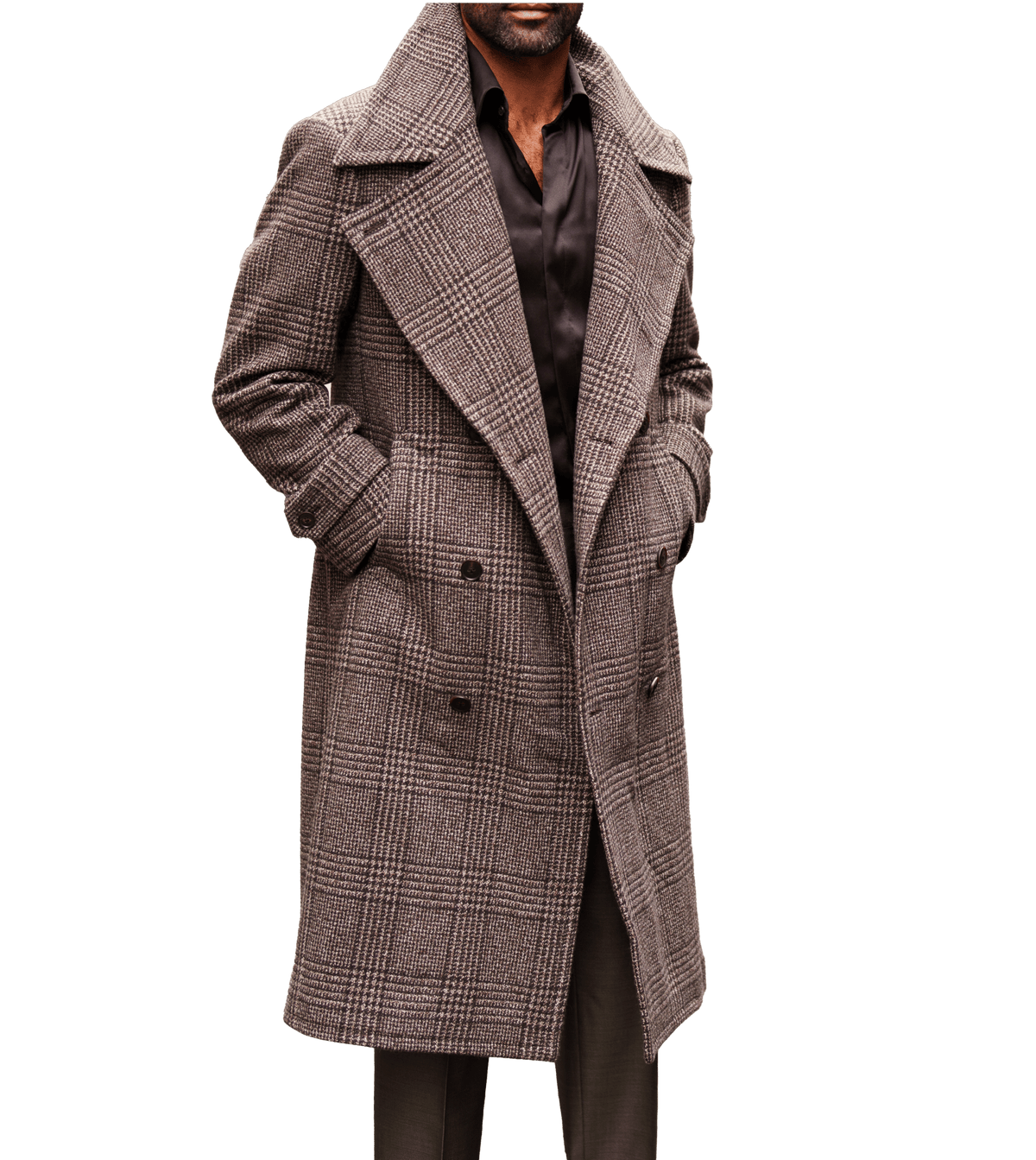 (product) Medium Brown Twill Glencheck Great Coat - custom suits nyc bespoke tailor midtown, noho