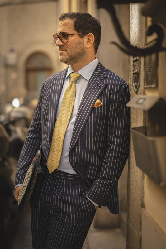 michael-andrews-blue-pinstripe-suit-large-square-2 - Denim Blue Chalk Stripe Suit with Silk Knots - custom suits nyc bespoke tailor midtown, noho
