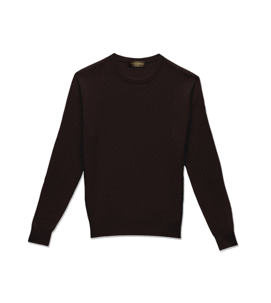 Michael Andrews Merino Wool Cableknit Crew Sweater in Chocolate Cherry - custom suits nyc bespoke tailor midtown, noho