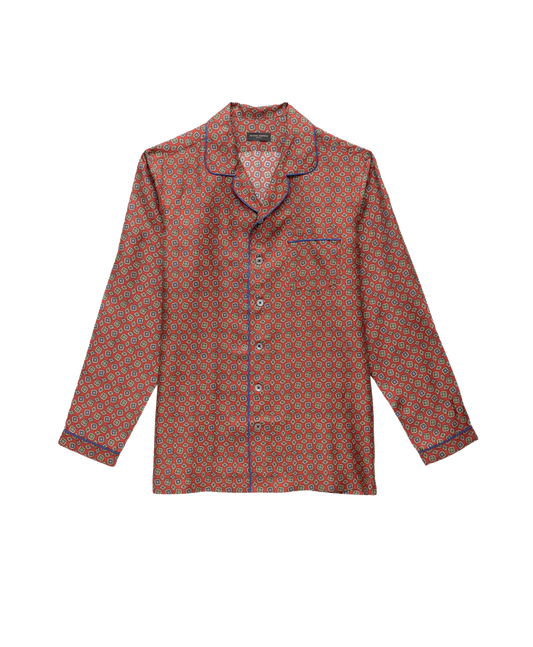 Burnt Orange Medallion Print Silk Pajama Shirt - custom suits nyc bespoke tailor midtown, noho