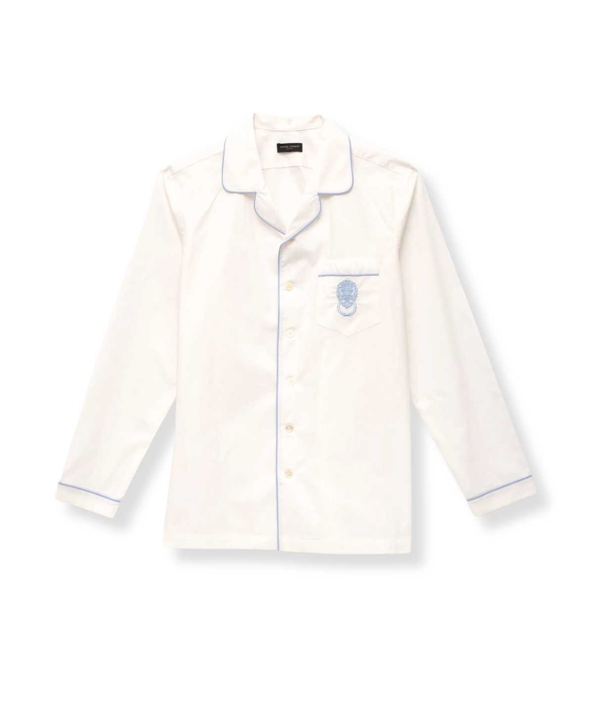 Michael Andrews custom white poplin pajama shirt with light blue piping - custom suits nyc bespoke tailor midtown, noho
