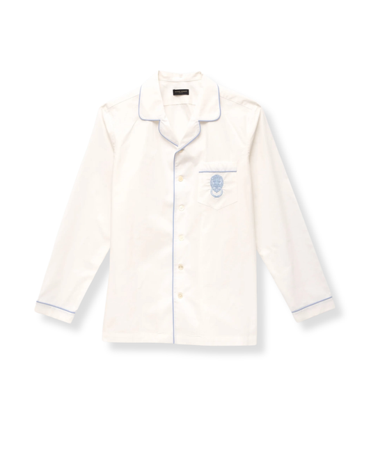 Michael Andrews custom white poplin pajama shirt with light blue piping - custom suits nyc bespoke tailor midtown, noho