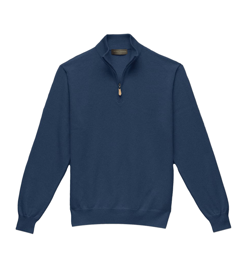 Michael Andrews Custom Merino Wool 1/4 Zip Mock Sweater in Jean Jeanie - custom suits nyc bespoke tailor midtown, noho