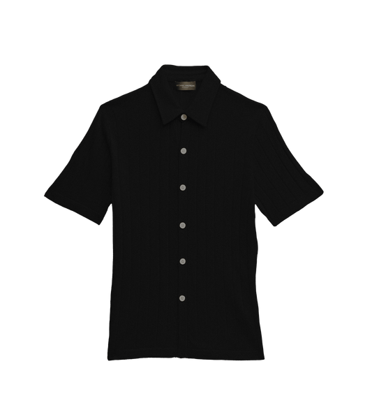 michael-andrews-striped-silk-cashmere-button-up-polo-black - Conch Silk Cashmere Ribbed Short-Sleeve Knit Buttondown - custom suits nyc bespoke tailor midtown, noho