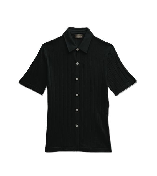michael-andrews-striped-silk-cashmere-button-up-polo-charcoal - Conch Silk Cashmere Ribbed Short-Sleeve Knit Buttondown - custom suits nyc bespoke tailor midtown, noho