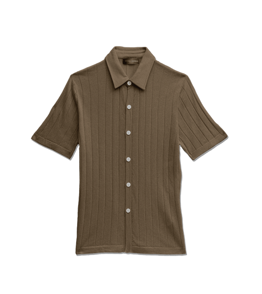 michael-andrews-striped-silk-cashmere-button-up-polo-mink - Conch Silk Cashmere Ribbed Short-Sleeve Knit Buttondown - custom suits nyc bespoke tailor midtown, noho