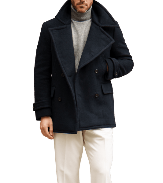 (product) Navy Solid Wool/Cashmere Pea Coat - custom suits nyc bespoke tailor midtown, noho