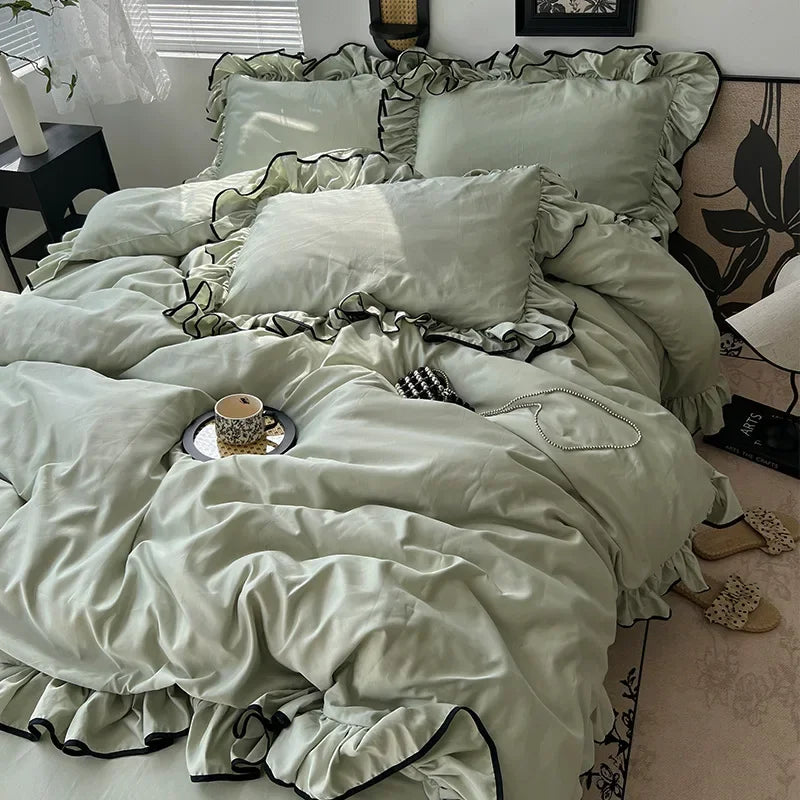 Afralia™ Cooling Silky Ruffled Bedding Set 180X220 - 4 Piece Smooth Fitted Sheet