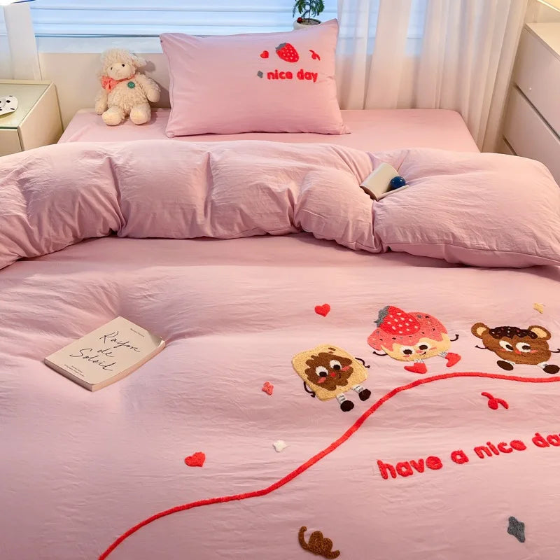 Afralia™ Cartoon Embroidered Cotton Bedding Set for King/Queen Beds
