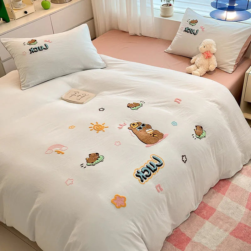 Afralia™ Cartoon Embroidered Cotton Bedding Set for King/Queen Beds