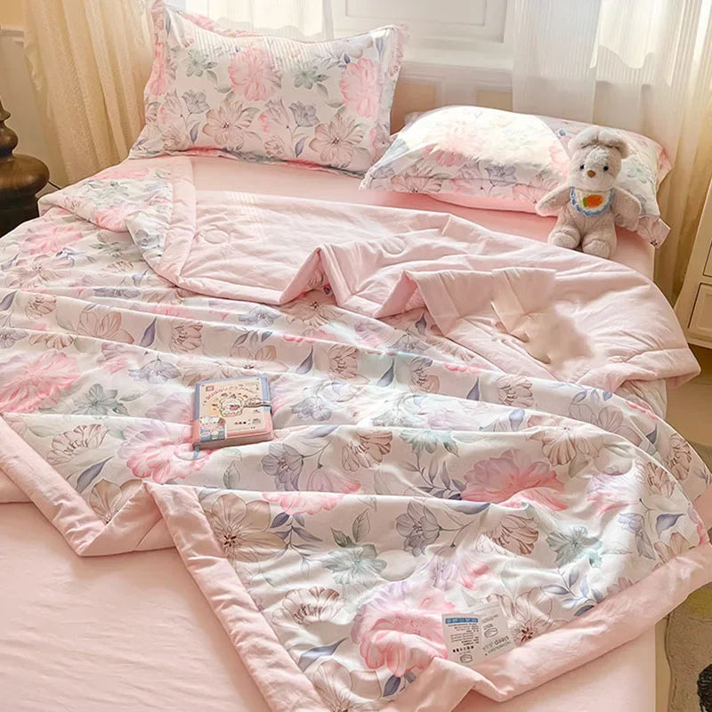 Afralia™ Fashion Flower Print Cool Blanket for Summer Comforter Single Double Bed Home Decor