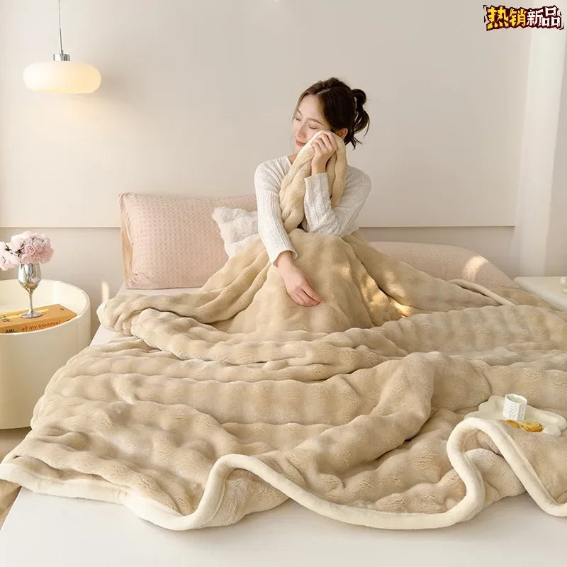 Afralia™ Rabbit Faux Fur Bubble Fleece Plush Blanket Double-Sided for Bed & Sofa