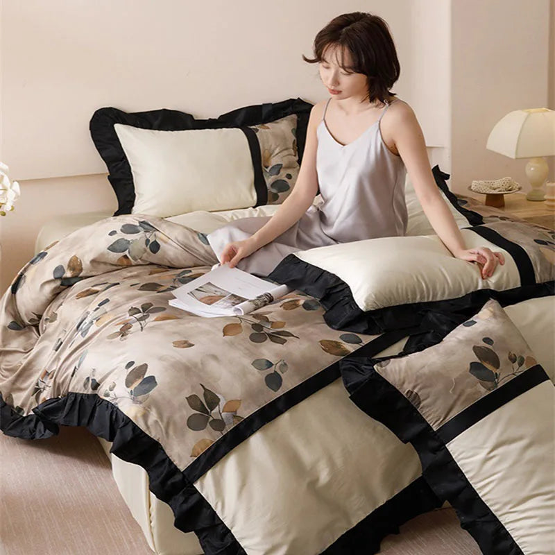 Afralia™ Ice Rayon Summer Bedding Set with Lace - Silky & Cozy Single/Double Bed Set