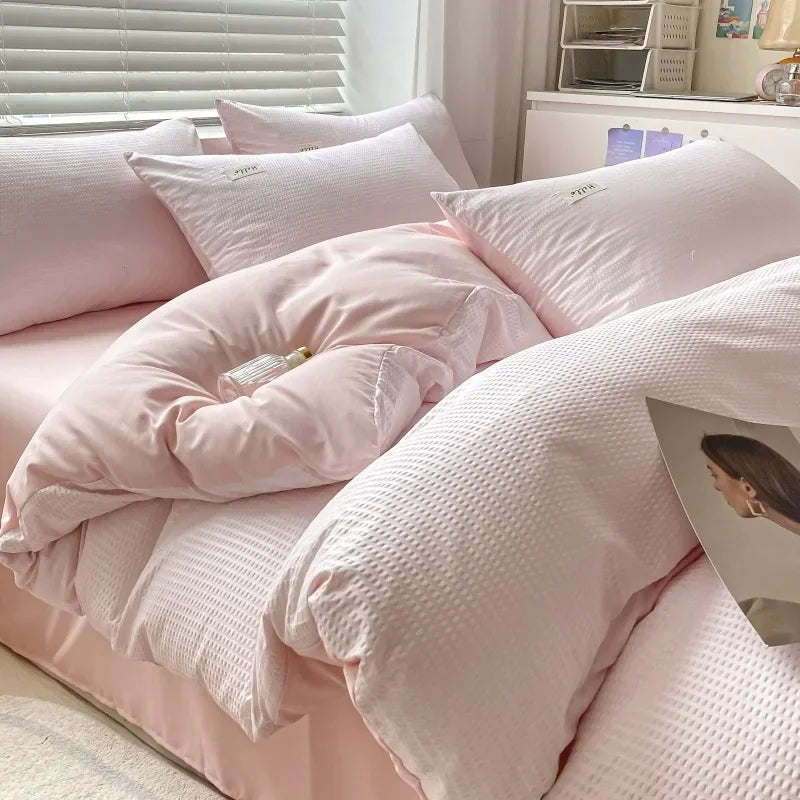Afralia™ Soft Waffle Comforter Set with Printed Fitted Sheet for Single Double Beds
