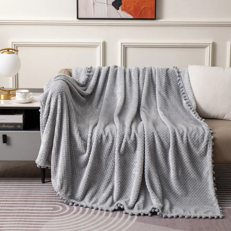 Afralia™ Plaid Tassel Ball Fleece Blanket - Queen Double Bedspread, Four Season Sofa Cover
