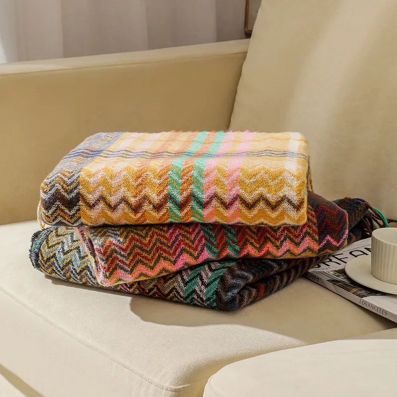 Afralia™ Ethnic Wave Woven Tassel Blanket: Multi-functional for Bed, Sofa, Table, Office Nap