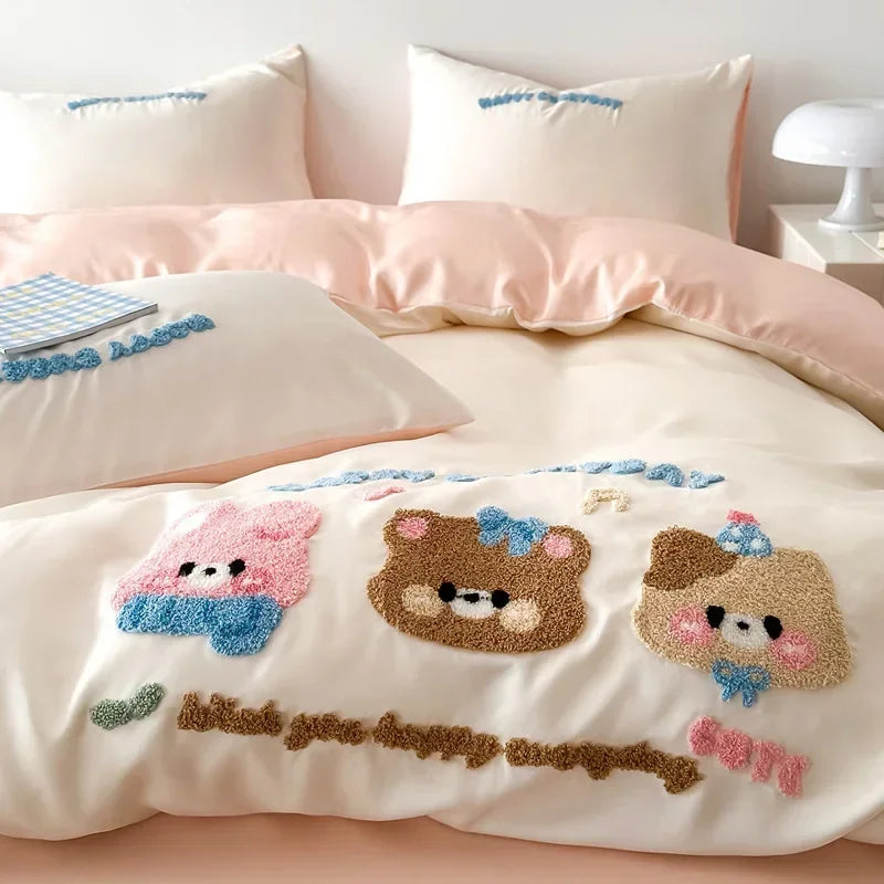 Afralia™ Cartoon Embroidery Cotton Bedding Set - Summer Cool, Skin Friendly Flat Sheet Kit