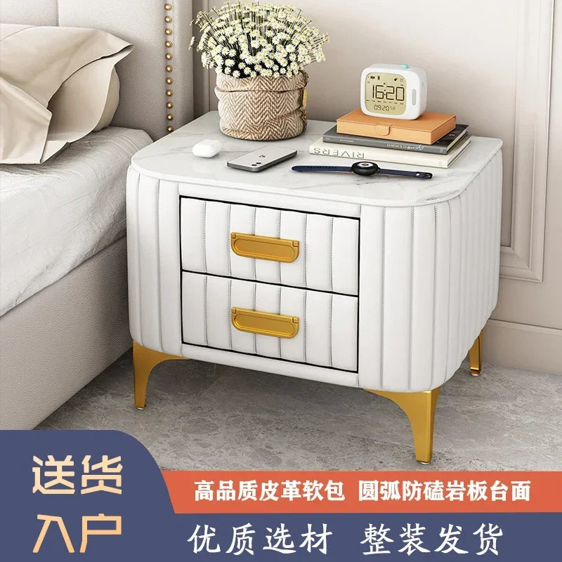 Afralia™ Rock Bed Edge Cabinet with Drawers, Modern Luxury Leather Master Bedroom Bedside Table