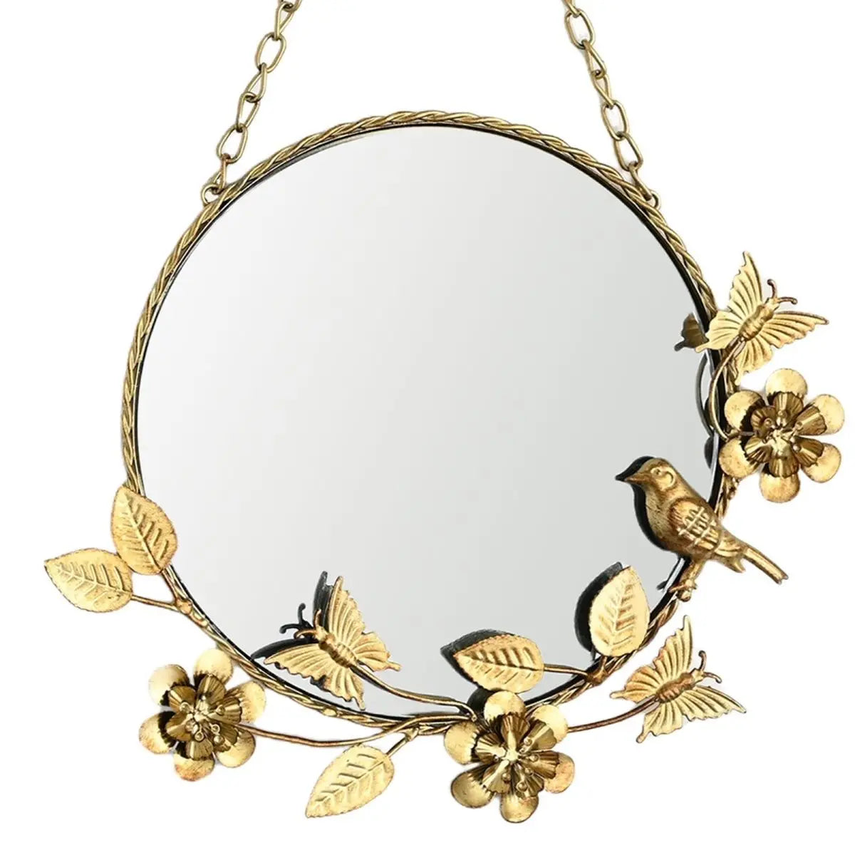 Afralia™ Metal Flower and Bird Decorative Mirror, Wrought Iron Retro American French Style Mirror