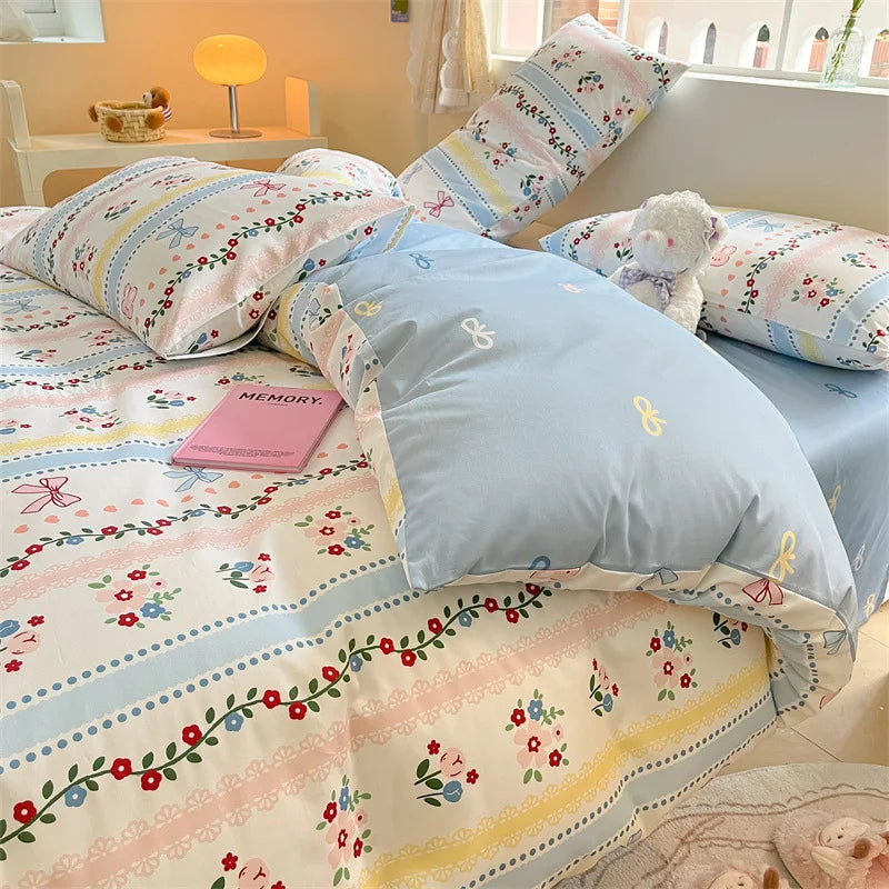 Afralia™ Cotton Cartoon Printed Bed Set with Non-Fading Floral Patterns for Adults