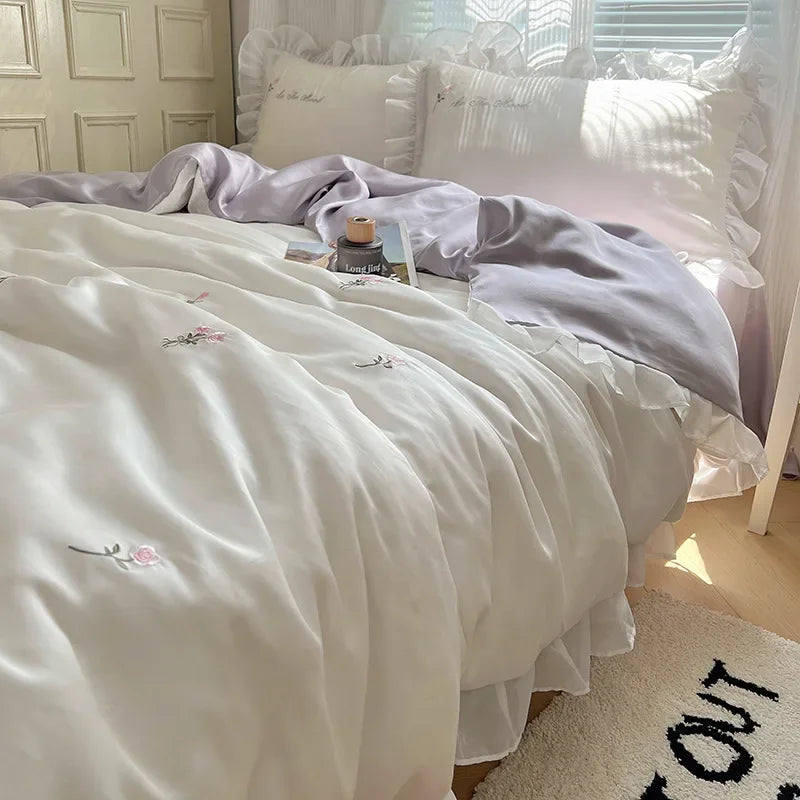 Afralia™ Silky Embroidery Bedding Sets with Lace, Ultimate Comfort for Home and Dorm