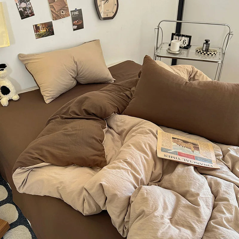 Afralia™ Two-Tone Washed Cotton Bedding Set Soft Duvet Cover for Student Dorm Home