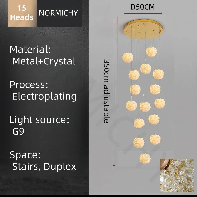 Afralia™ LED Glass Ball Chandelier for Staircase Duplex Villa Loft Hollow Living Room