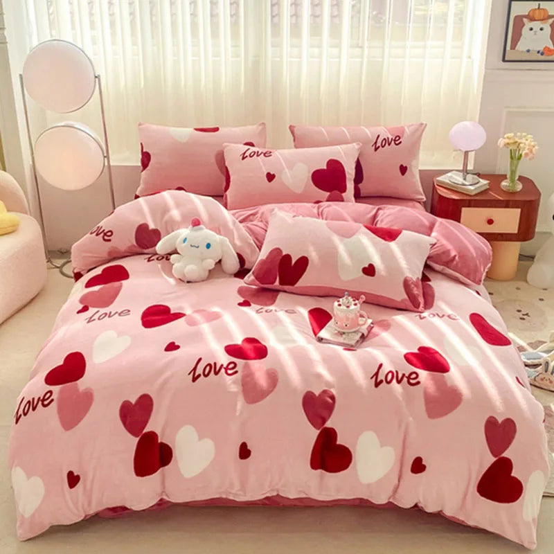 Afralia™ Snowflake Velvet Cute Cartoon Flower Bedding Set for Single Queen