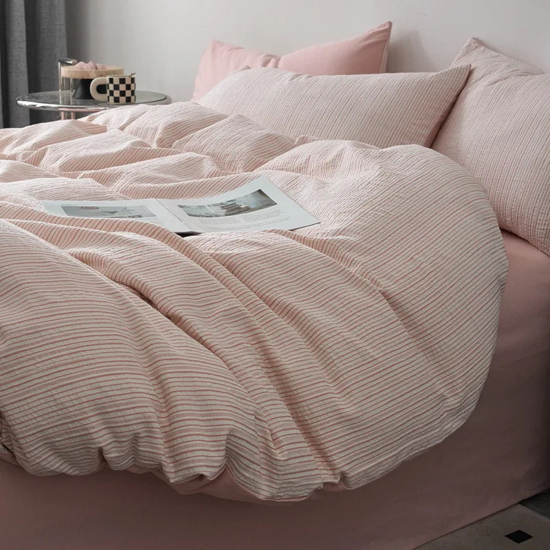 Afralia™ Striped Jacquard Cotton Bedding Set: Duvet, Fitted Sheet, Pillowcase. King Queen Size