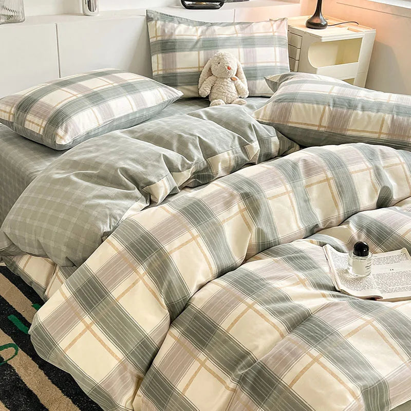 Afralia™ Grid Print Cotton Bedding Set for Single Double Beds