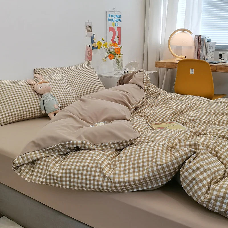 Afralia™ Simple Striped Check Cotton Bedding Sets for Queen King Size