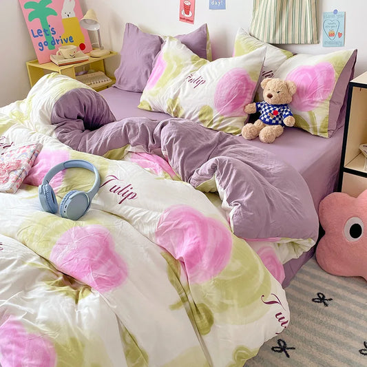 Afralia™ Cartoon Pattern Cotton Bed Sets Quilt Cover Sheet Pillowcase Bedclothes