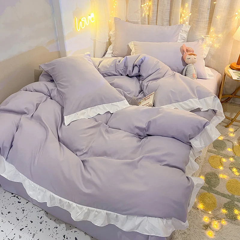 Afralia™ Pure Cotton Ruffle Edge Bedding Set in Solid Color, All Seasons, Single Queen Bed