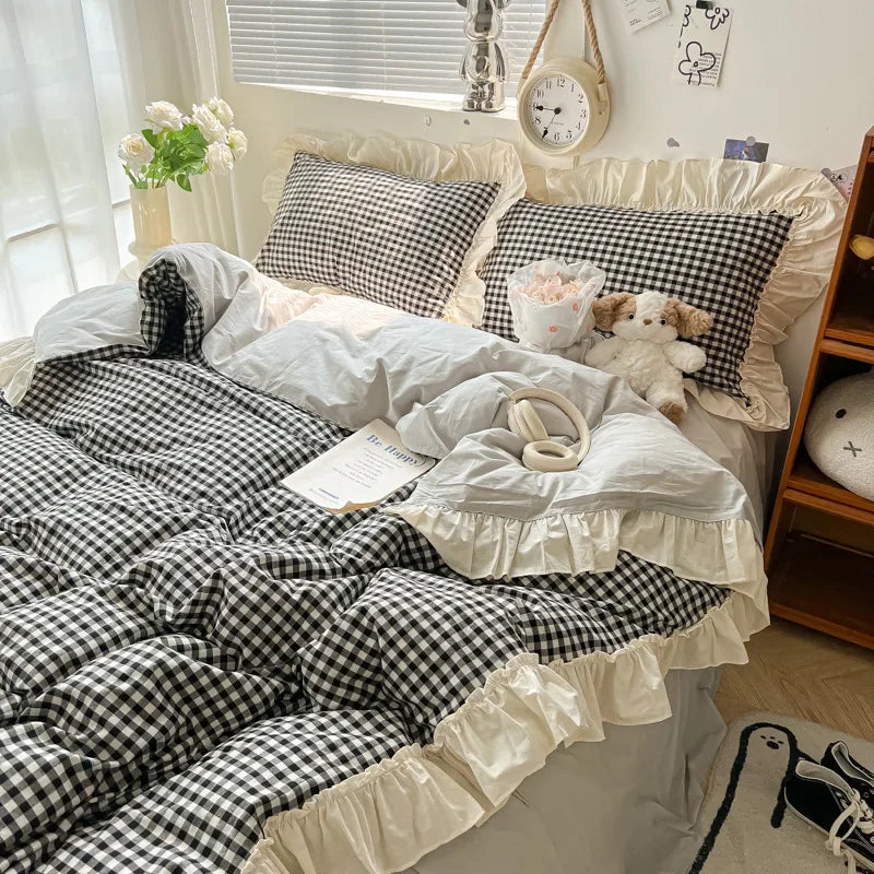 Afralia™ Korean Grid Lace Washed Cotton Bedding Set, Cozy Comforter Cover Single Double Queen