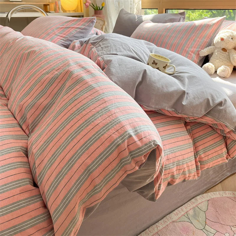 Afralia™ Cotton Striped Bedding Set Yarn Dyed Washed Duvet Cover Single Bedclothes