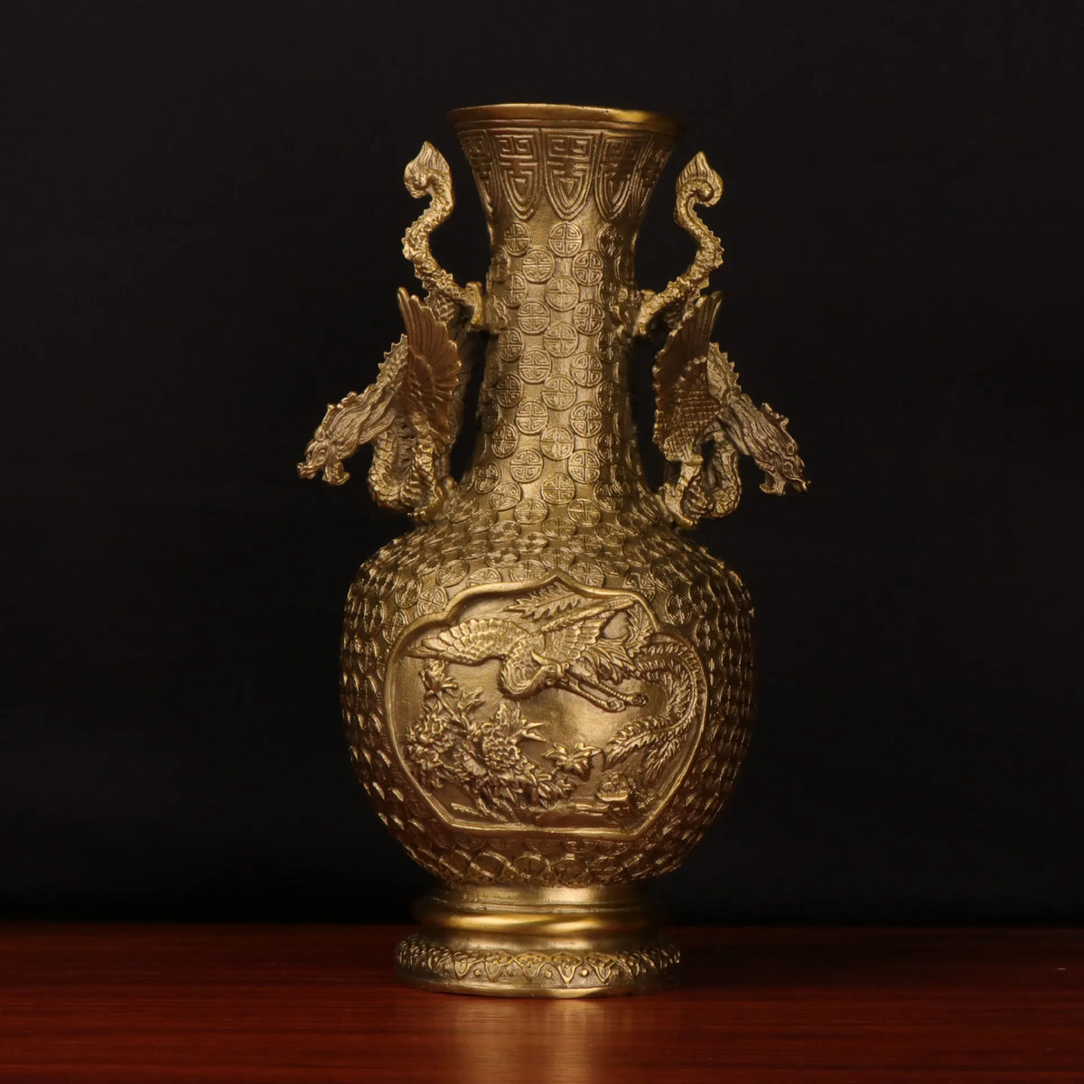 Afralia™ Copper Dragon Phoenix Vase Pair Double Dragon Ears Pine Crane Feng Shui Ornament