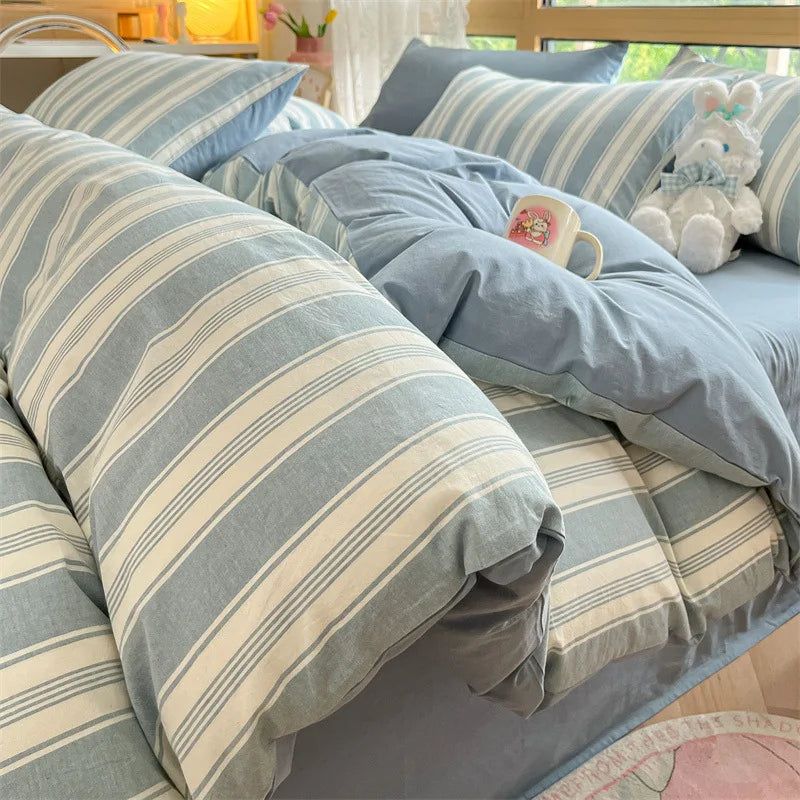 Afralia™ Cotton Striped Bedding Set Yarn Dyed Washed Duvet Cover Single Bedclothes