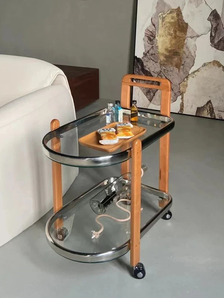 Afralia™ Nordic Wood End Table Tea Table, Movable Trolley, Glass Top, Multifunctional Storage Rack.