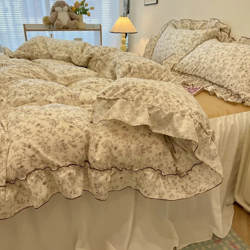 Afralia™ Lace Bedding Set: Printed Design, Single Queen Size, Cozy Quilt Cover, Fitted Sheet, 2 Pillowcases