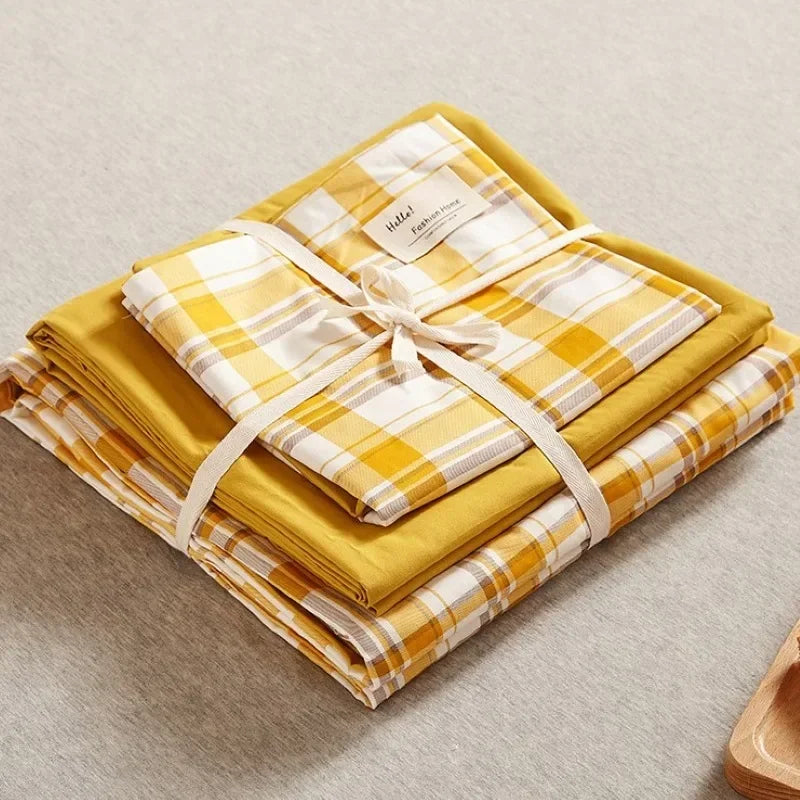Afralia™ Japanese Grid Print Bed Set in Washed Cotton for Summer Comfort